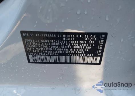 2019 Volkswagen Jetta 1.4T R-Line/1.4T S/1.4T Se from USA, damaged, VIN 3VWC57BU4KM148334